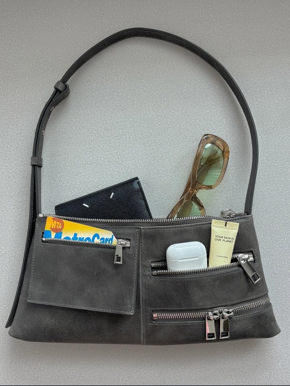 Sleek Gray Suede Multi-Pocket Shoulder Bag